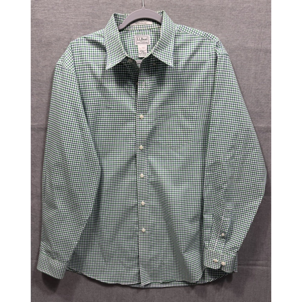 LL Bean Dress Shirt Mens Large Reg Green/Blu Check Wrinkle Resistant Long Sleeve